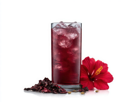 A refreshing iced hibiscus beverage is presented in a glass, adorned with a vibrant red hibiscus flower and dried petals. The image evokes a sense of summer refreshment and natural beauty.の素材