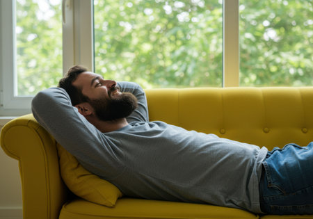 A man with a beard is lying comfortably on a yellow sofa, eyes closed and smiling, enjoying a peaceful moment indoors near a window with greenery outside.の素材
