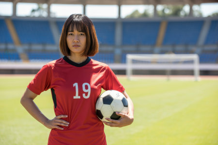 A young Asian woman, dressed in a red soccer jersey with the number 19, stands confidently on a grassy field holding a soccer ball, ready for the game.の素材