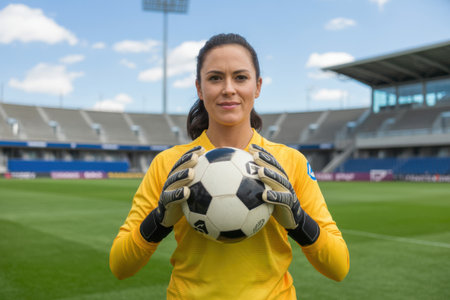 A determined female soccer goalkeeper stands in the center of a grassy field, holding a ball. She wears a vibrant yellow jersey and gloves, with a stadium visible behind her.の素材