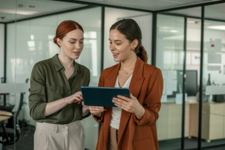 Two female colleagues engaged in a productive discussion in a bright modern office environment, reviewing information on a tablet device, emphasizing teamwork and business collaboration.の素材