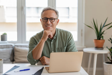 An experienced man in his glasses contemplates while looking at his laptop in a modern home office. Natural light streams in, creating a productive and comfortable work environment.の素材