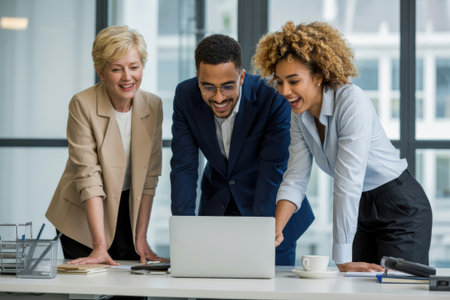 Three professionals of diverse backgrounds lean over a laptop, sharing a moment of collaborative discussion and excitement within a contemporary office environment.の素材