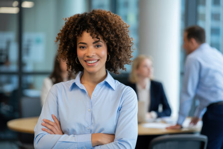 A smiling, professional businesswoman with curly hair stands confidently with her arms crossed in a bright, modern office environment. This headshot conveys competence and approachability.の素材