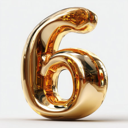 A gleaming, golden number six with a metallic, shiny finish. The digit is presented as a bold, eye-catching element, perfect for adding a touch of luxury and celebration to any design.の素材