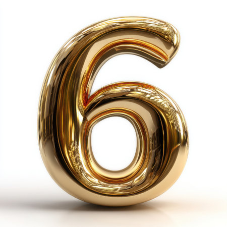 A gleaming, golden number six stands out. The metallic digit shines, reflecting light. Its glossy finish and rounded form create a luxurious and celebratory vibe, perfect for designs.の素材