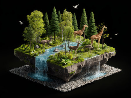 A floating forest island with deer, giraffes, a waterfall, and lush greenery. Birds fly above the miniature landscape, creating a serene and detailed natural scene. A captivating environmental concept.の素材