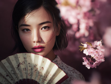 A serene woman with a fan, framed by delicate pink blossoms. Her gaze is soft, and her makeup is subtle, enhancing her natural beauty. The image evokes a sense of calm and elegance.の素材