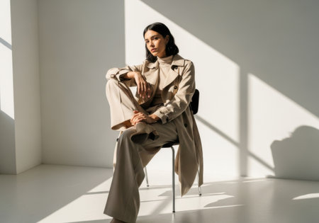 A fashionable woman is captured in a studio environment, seated elegantly. Natural light streams in, casting dynamic shadows across the scene, highlighting her sophisticated attire.の素材