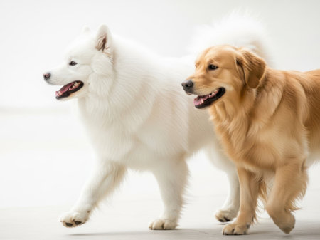This image features two dogs standing side by side on a transparent background. One dog is white with fluffy fur, and the other is golden with a shiny coat. Both dogs appear alert and friendly, creating a warm and inviting scene.の素材