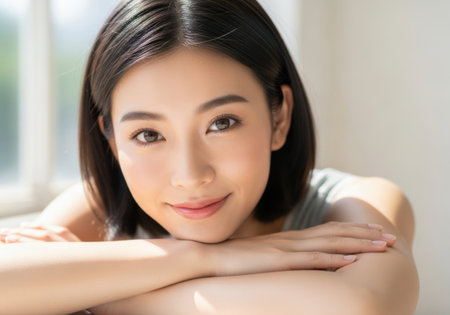 The image features a young woman with short dark hair smiling gently. She is resting her head on her hands, which are positioned in front of her. The background is white and transparent, making the subject stand out prominently. The image is well-lit, highlighting her facial features and creating a calm and serene atmosphere.の素材