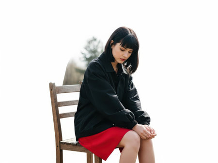 The image captures a young woman seated on a rustic wooden bench, lost in deep thought. She is dressed in a black jacket and a red skirt, her hands clasped together as she gazes downward. The background is a serene, blurred landscape, suggesting a peaceful, natural setting. Her expression conveys a sense of introspection and calm.の素材