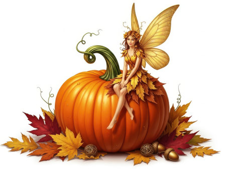 The image depicts a whimsical fairy with golden hair and translucent wings perched gracefully on a large, vibrant orange pumpkin. The fairy is adorned in a dress that blends seamlessly with the autumnal theme, featuring earthy tones and leafy patterns. Surrounding the pumpkin are colorful autumn leaves in shades of red, orange, and yellow, along with a few scattered acorns. The overall ambiance is magical and serene, capturing the essence of a mystical autumn scene.の素材