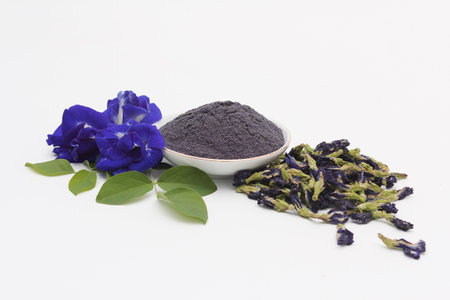Butterfly pea flower-based powder and beverages, bread, foodsの写真素材