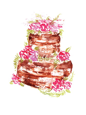 watercolor wedding chocolate cake with pink flowers and leaves.のイラスト素材