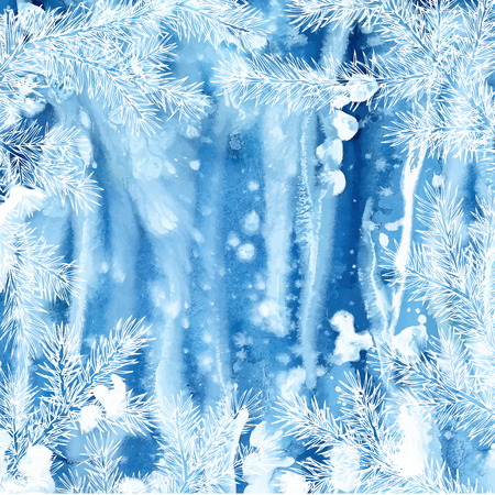 Winter background of fir branches. Watercolor background with hand drawn branches of spruce.のイラスト素材