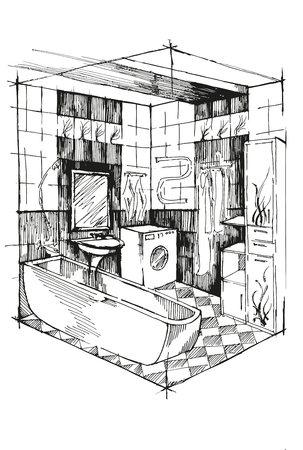 Sketch bathroom interior perspective. Isometric Bathroom interiorのイラスト素材