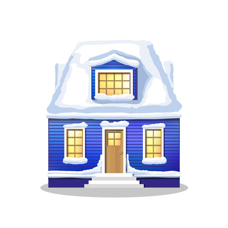 winter blu house. Country cozy house, covered in snow on a white backgroundのイラスト素材