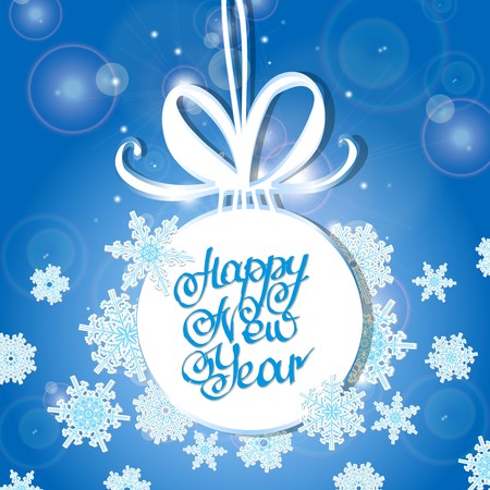 white Christmas ball on a light background with highlights. Lettering happy new year background. Vector illustration, contains transparencies, gradients and effects.のイラスト素材
