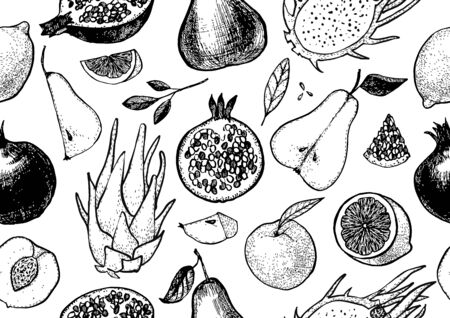 Healthy fruit hand drawn seamless vector texture.Botanical pattern of lemon, peach, pear, pomegranate and dragon fruit.のイラスト素材