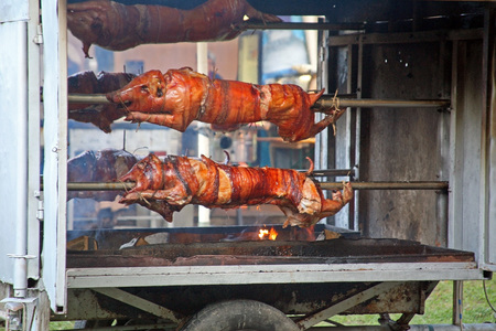 50th Days of 'Kaj' culture, Krapina 2015. Croatia. Fair, pigs on spit, barbecue. 5の写真素材