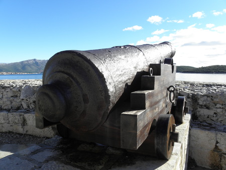 Korcula,ancient cannons at harbor,Croatiaの写真素材