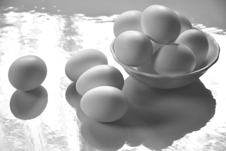 white eggs on a table background.の写真素材