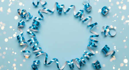 Blue and white metallic streamers curl and scatter across a pale blue surface with soft bokeh lights.