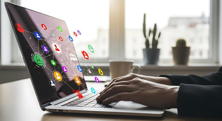 Hands typing on a laptop screen showing a colorful network of people icons connected by lines.