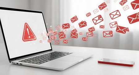 A laptop displays a red warning triangle on its screen with numerous red email icons emanating from...