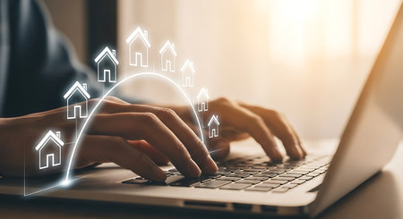 Hands typing on a laptop keyboard with white glowing house icons arranged in an arc above.