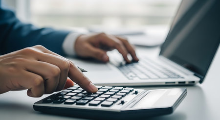 Close-up of hands using a calculator and typing on a laptop keyboard in an office setting.