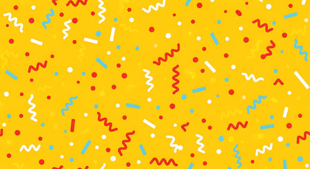 A bright yellow background is filled with scattered red blue and white confetti and streamers in...