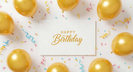 Golden balloons and confetti scattered around a white card with Happy Birthday text on a white...