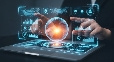 Hands touch a glowing holographic globe and digital interface displaying charts and icons above a...
