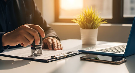 Hand holding a stamp over a document on a clipboard, with a laptop and phone on a desk.