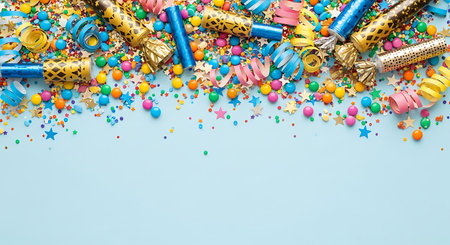 A vibrant scattering of party poppers streamers and confetti in various colors on a light blue surface.の写真素材