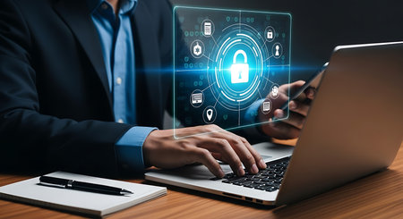 A person in a suit uses a laptop with a glowing digital security interface showing a padlock icon...