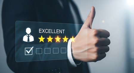 A person in a suit gives a thumbs up gesture next to a digital interface displaying five yellow...