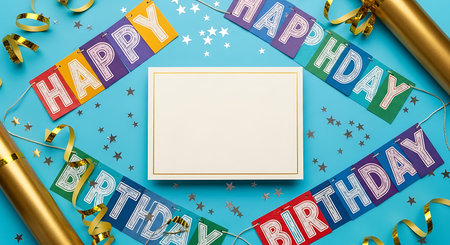 Colorful birthday banner and blank card with gold streamers and star confetti scattered on a blue background.