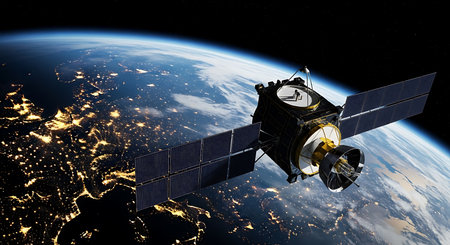 A satellite with solar panels hovers above Earth at night, with glowing city lights illuminating the...