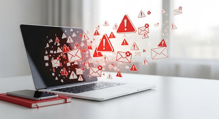 A laptop displays numerous red warning triangles and email icons that appear to be floating from the...