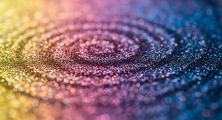 Swirling pattern of tiny glitter particles with a color gradient from yellow and pink to purple and...
