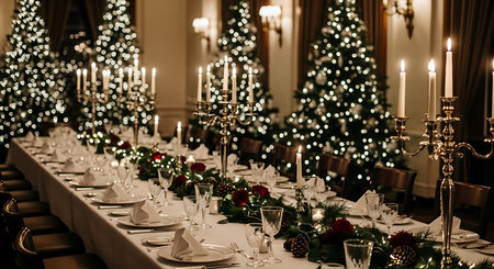 A long, formal dining table is set for Christmas with white linens, lit candles, and festive...
