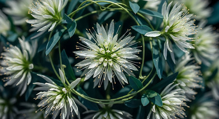 Macro view of delicate white starburst flowers with prominent stamens surrounded by dark green leaves and winding vines.の写真素材