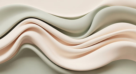 Smooth pastel waves of cream and sage green fabric flow across the frame with soft shadows and...