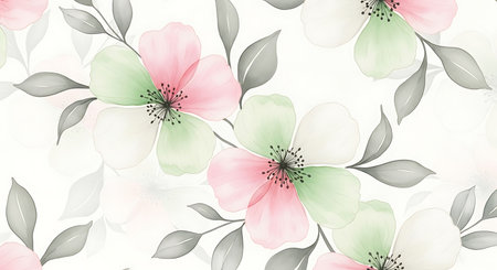 Delicate watercolor flowers in soft pink and green hues with muted gray leaves adorn a clean white background.の写真素材