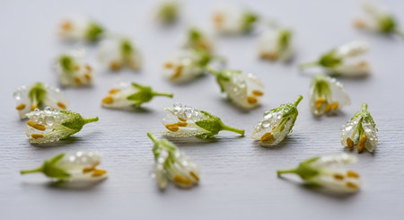 Scattered white flower buds with yellow stamens and green sepals are covered in clear water droplets on a light gray textured surface.の写真素材