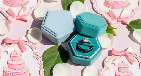 Two hexagonal velvet ring boxes, one open revealing a diamond engagement ring and a band, surrounded...
