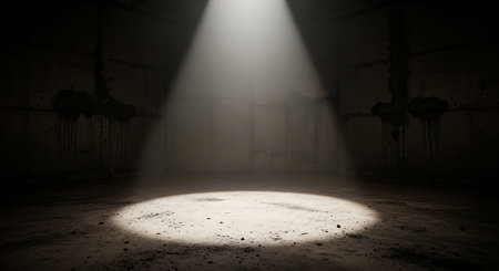 A dark concrete room with a spotlight illuminating a dusty floor. Walls show signs of decay and dripping black substance.の写真素材